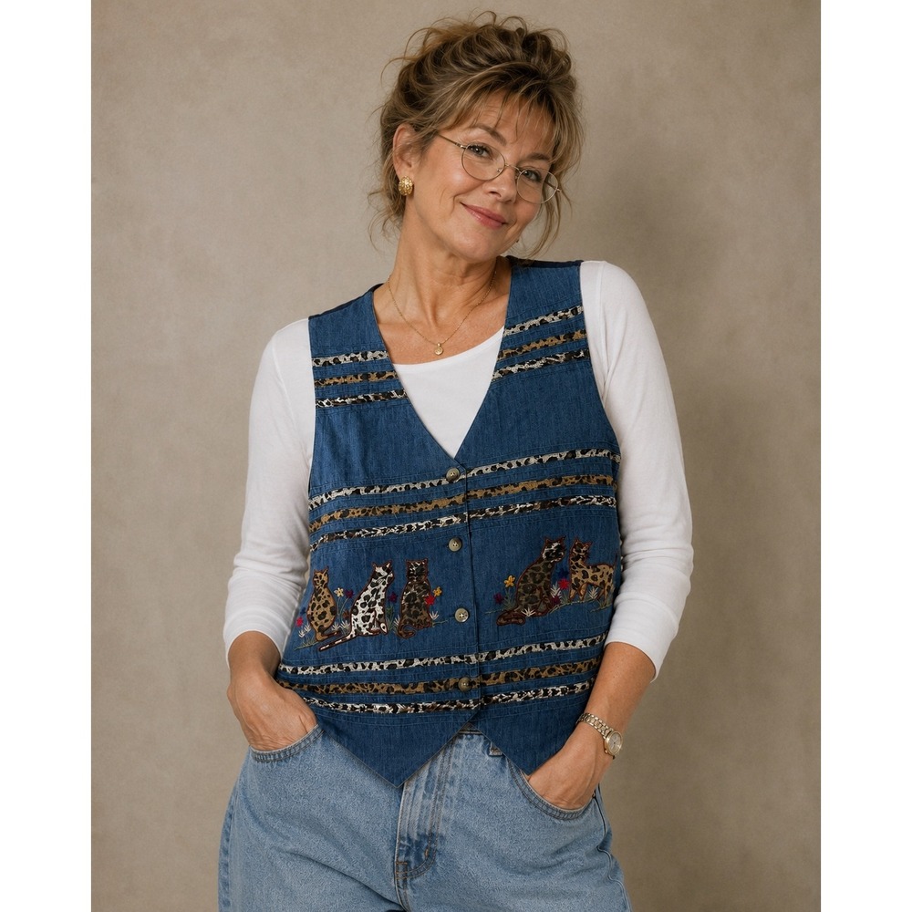 Casey & Max Vintage Y2K Denim Vest Leopard Cat Grannycore Y2K Womens Large